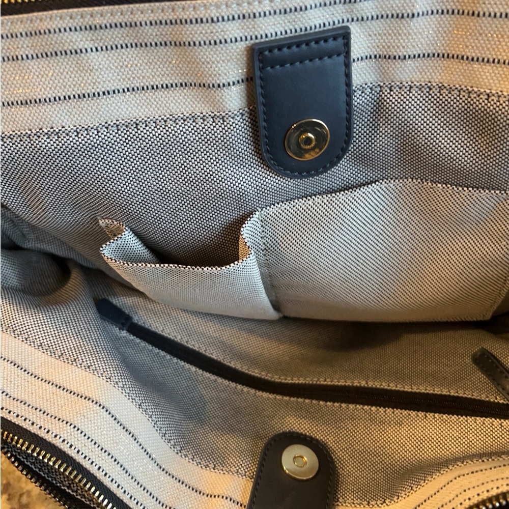 Vince Camuto Neutral and Navy Canvas Tote with Leather Accents - Picture 7 of 10
